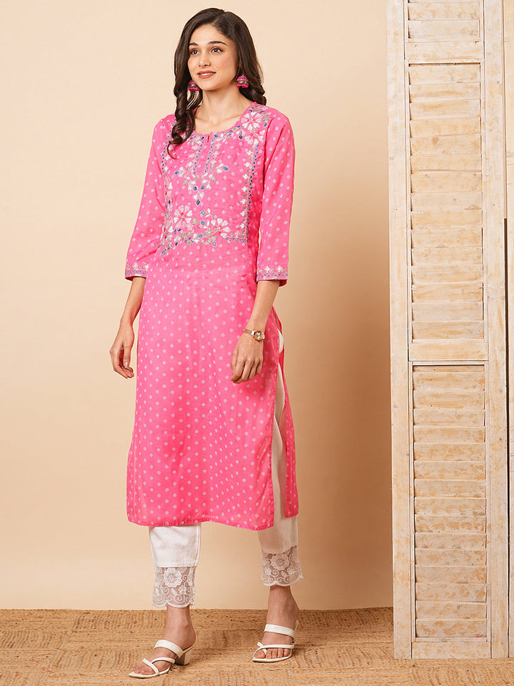 Ethnic Khari Printed & Embroidered Straight Fit Kurta - Pink