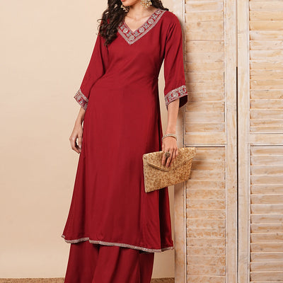 Solid Floral Embroidered Anarkali Kurta with Flared Palazzo- Maroon