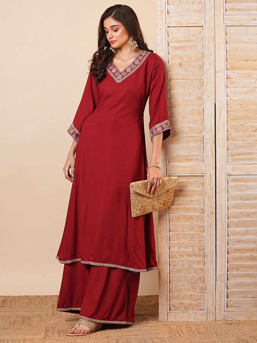 Solid Floral Embroidered Anarkali Kurta with Flared Palazzo- Maroon