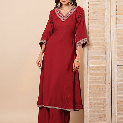 Solid Floral Embroidered Anarkali Kurta with Flared Palazzo- Maroon
