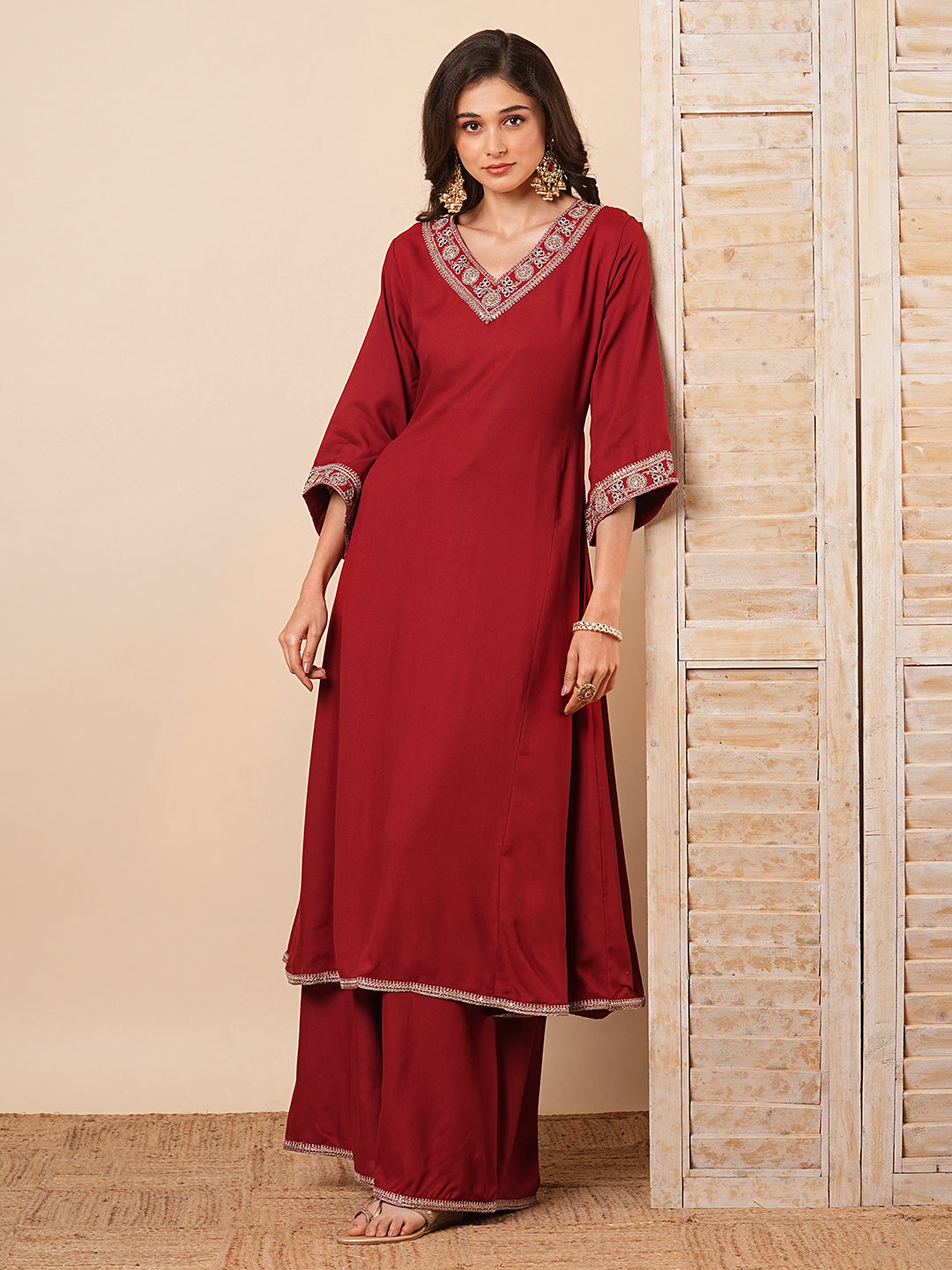 Solid Floral Embroidered Anarkali Kurta with Flared Palazzo- Maroon