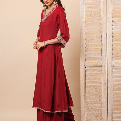 Solid Floral Embroidered Anarkali Kurta with Flared Palazzo- Maroon