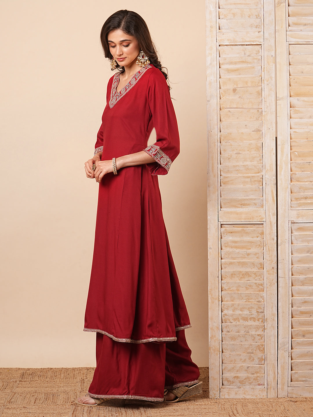 Solid Floral Embroidered Anarkali Kurta with Flared Palazzo- Maroon