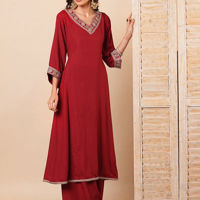 Solid Floral Embroidered Anarkali Kurta with Flared Palazzo- Maroon