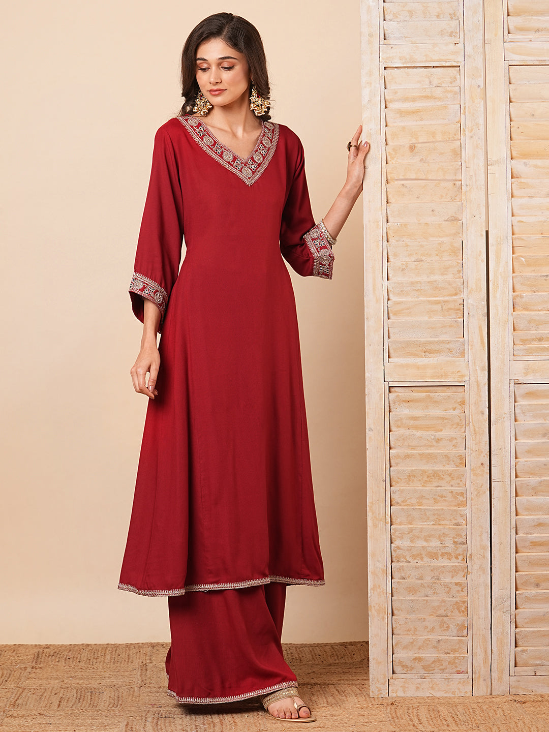Solid Floral Embroidered Anarkali Kurta with Flared Palazzo- Maroon