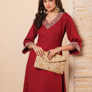 Solid Floral Embroidered Anarkali Kurta with Flared Palazzo- Maroon