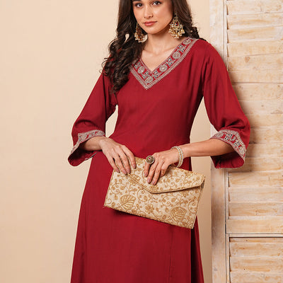 Solid Floral Embroidered Anarkali Kurta with Flared Palazzo- Maroon
