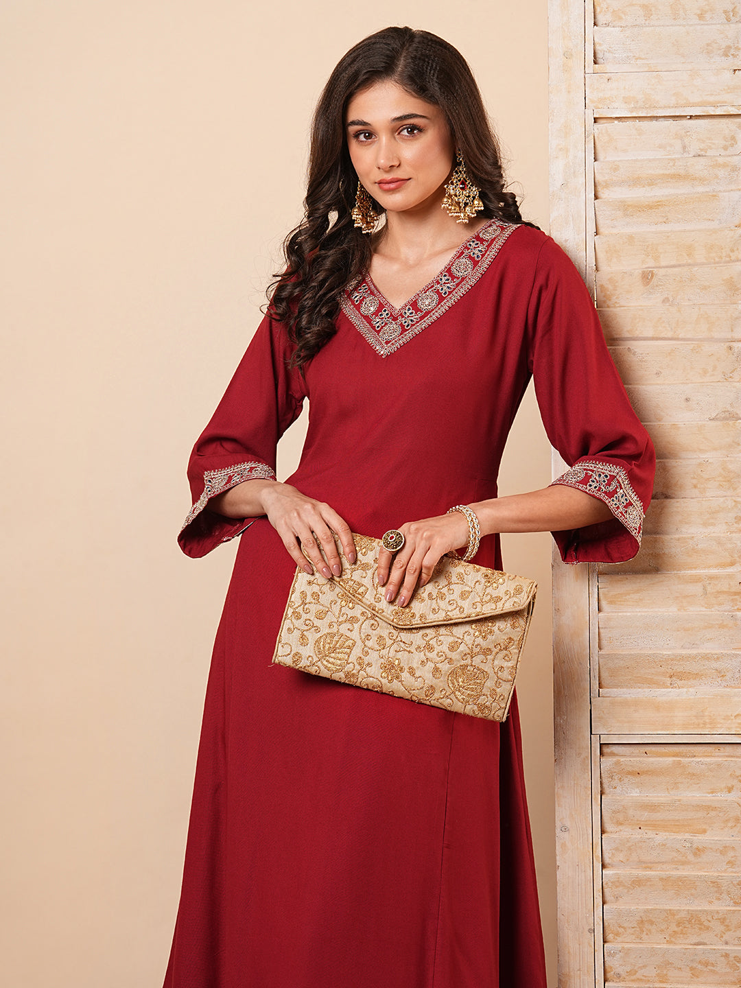 Solid Floral Embroidered Anarkali Kurta with Flared Palazzo- Maroon