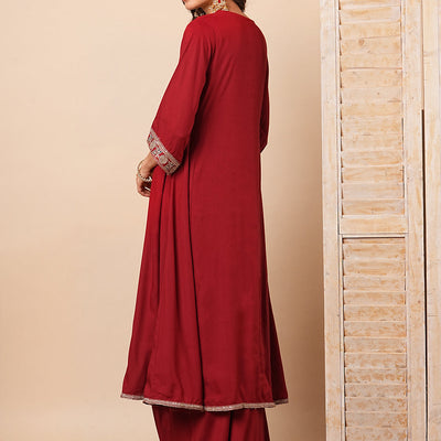 Solid Floral Embroidered Anarkali Kurta with Flared Palazzo- Maroon