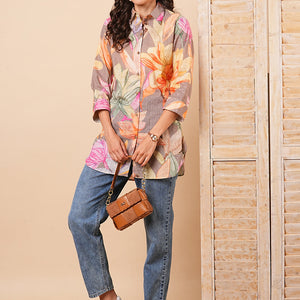 Abstract Floral Printed Schiffli Straight Fit Kurti - Multi