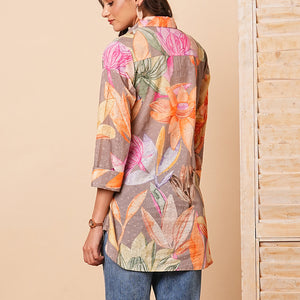 Abstract Floral Printed Schiffli Straight Fit Kurti - Multi