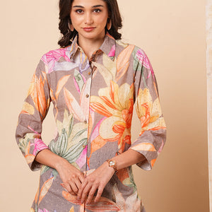 Abstract Floral Printed Schiffli Straight Fit Kurti - Multi