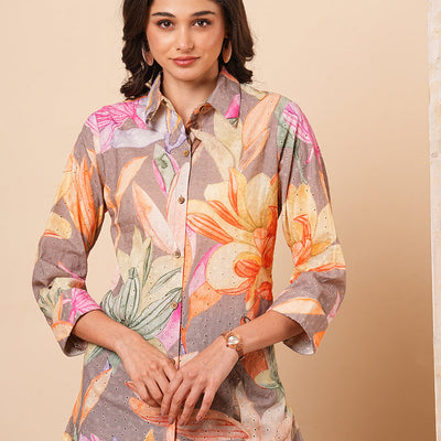 Abstract Floral Printed Schiffli Straight Fit Kurti - Multi