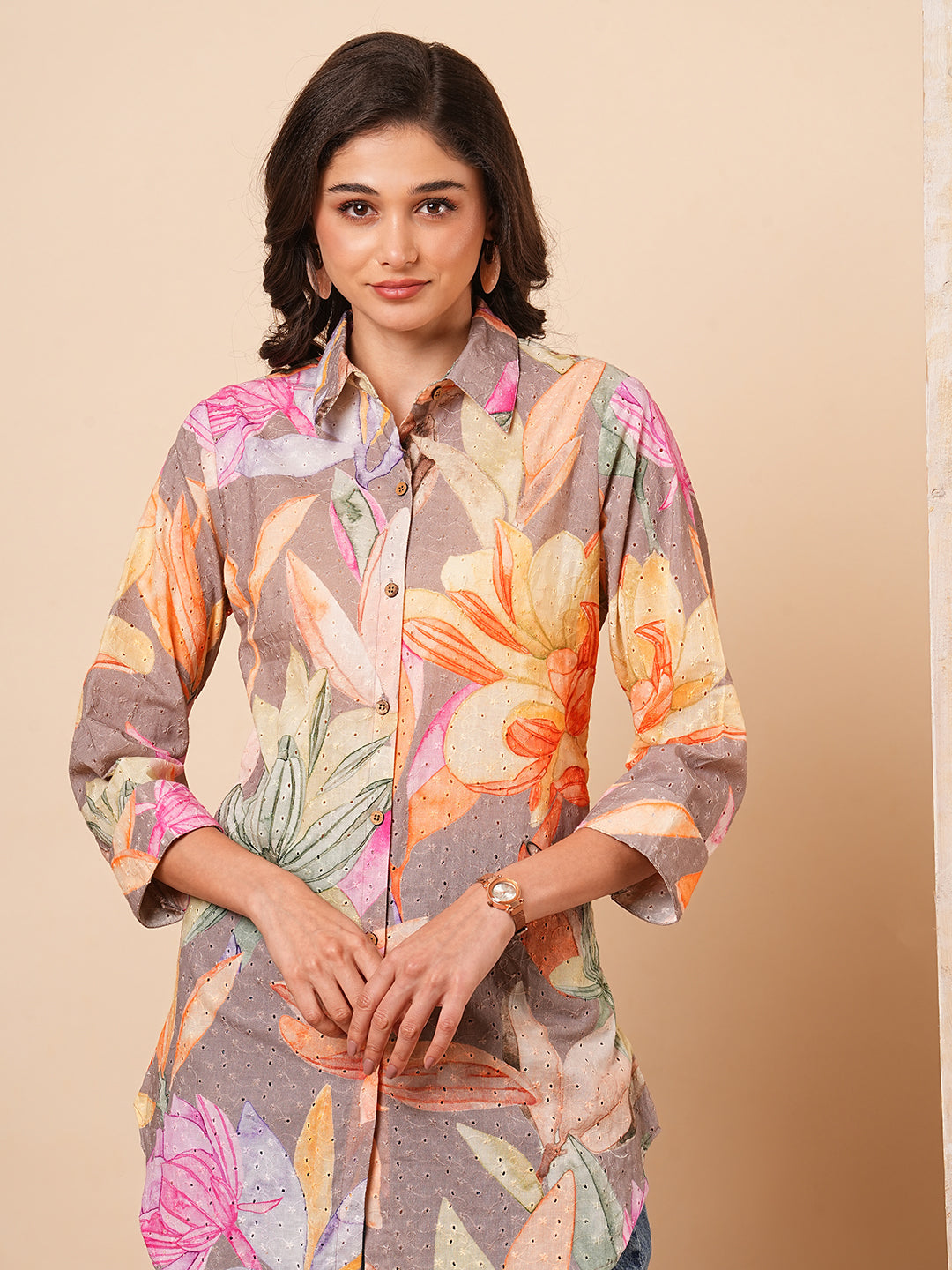 Abstract Floral Printed Schiffli Straight Fit Kurti - Multi