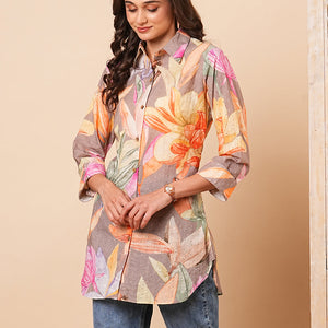 Abstract Floral Printed Schiffli Straight Fit Kurti - Multi