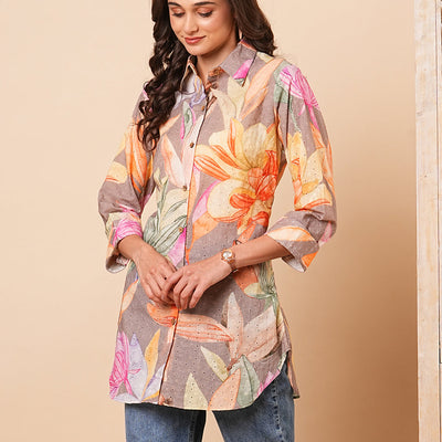 Abstract Floral Printed Schiffli Straight Fit Kurti - Multi