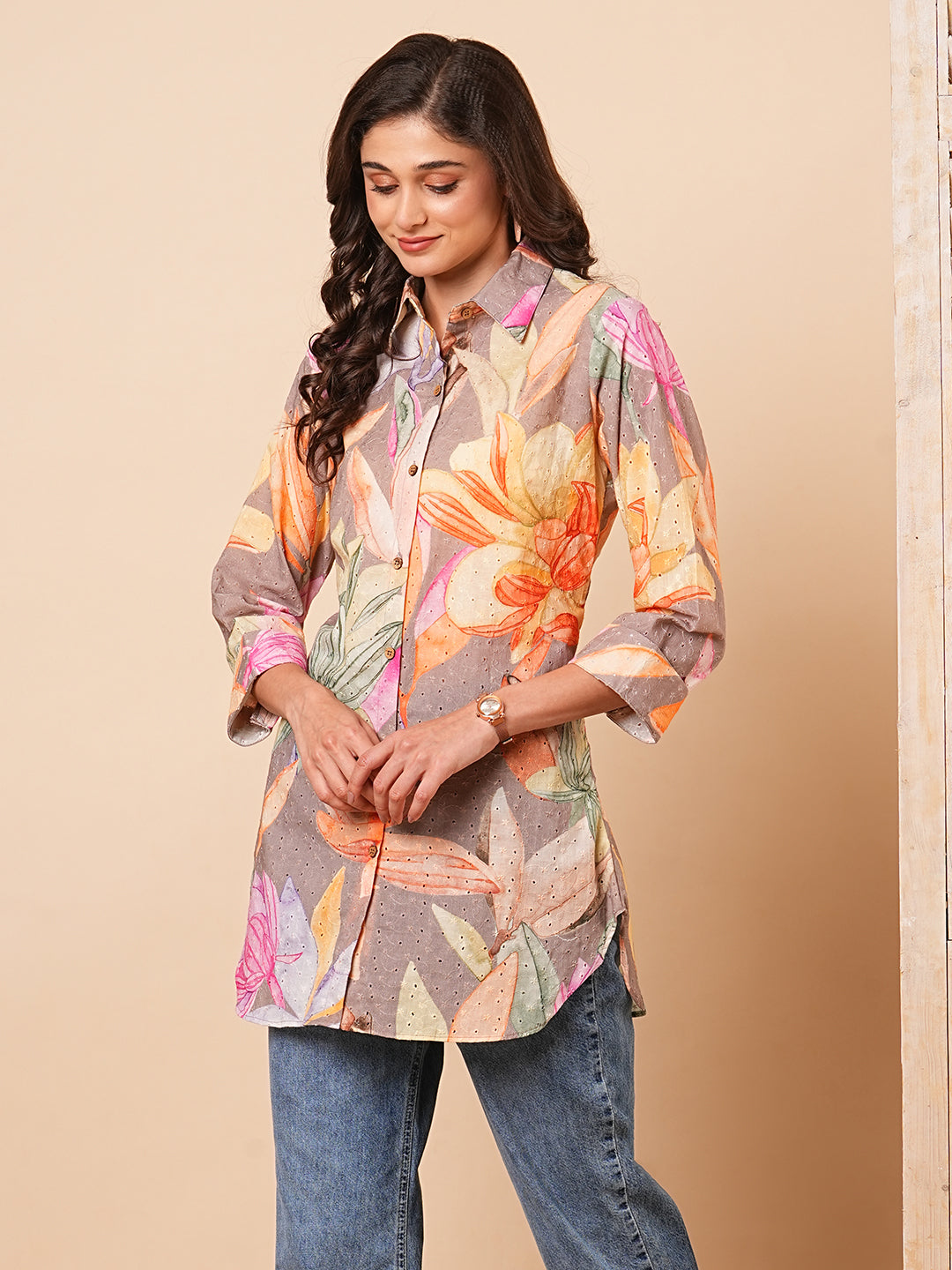 Abstract Floral Printed Schiffli Straight Fit Kurti - Multi