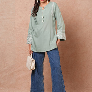 Floral Embroidered A-Line Fit Short Kurti - Mint Green