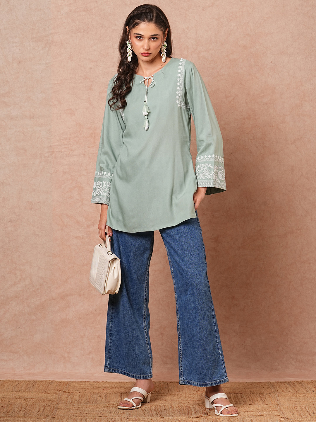 Floral Embroidered A-Line Fit Short Kurti - Mint Green