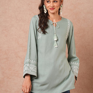 Floral Embroidered A-Line Fit Short Kurti - Mint Green