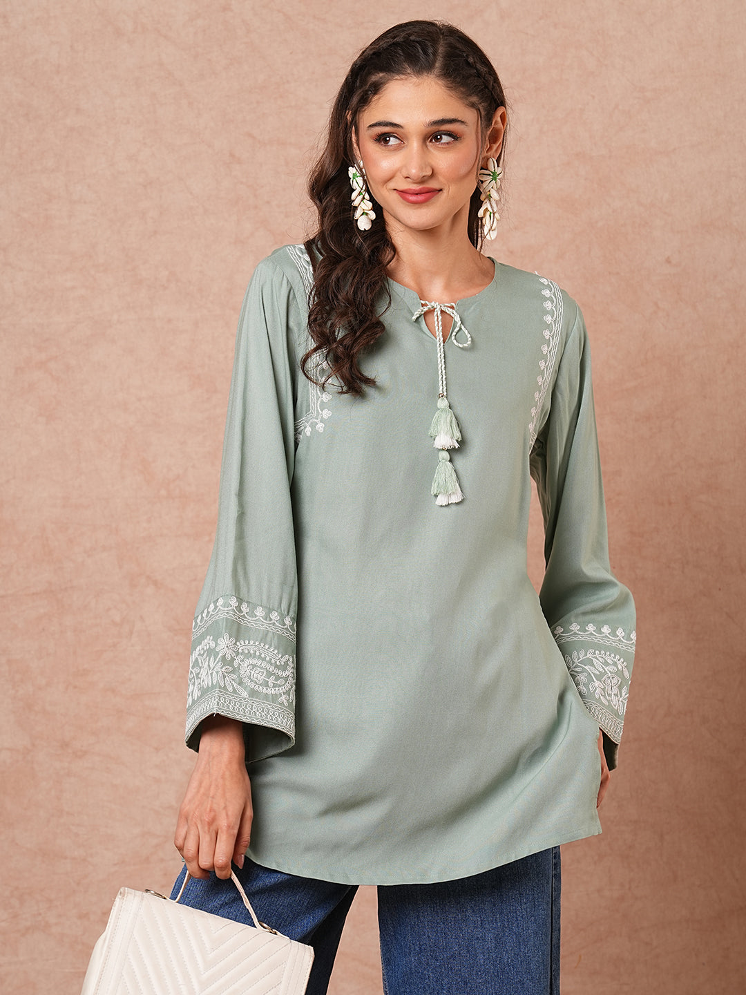 Floral Embroidered A-Line Fit Short Kurti - Mint Green