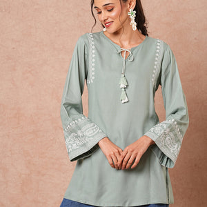 Floral Embroidered A-Line Fit Short Kurti - Mint Green