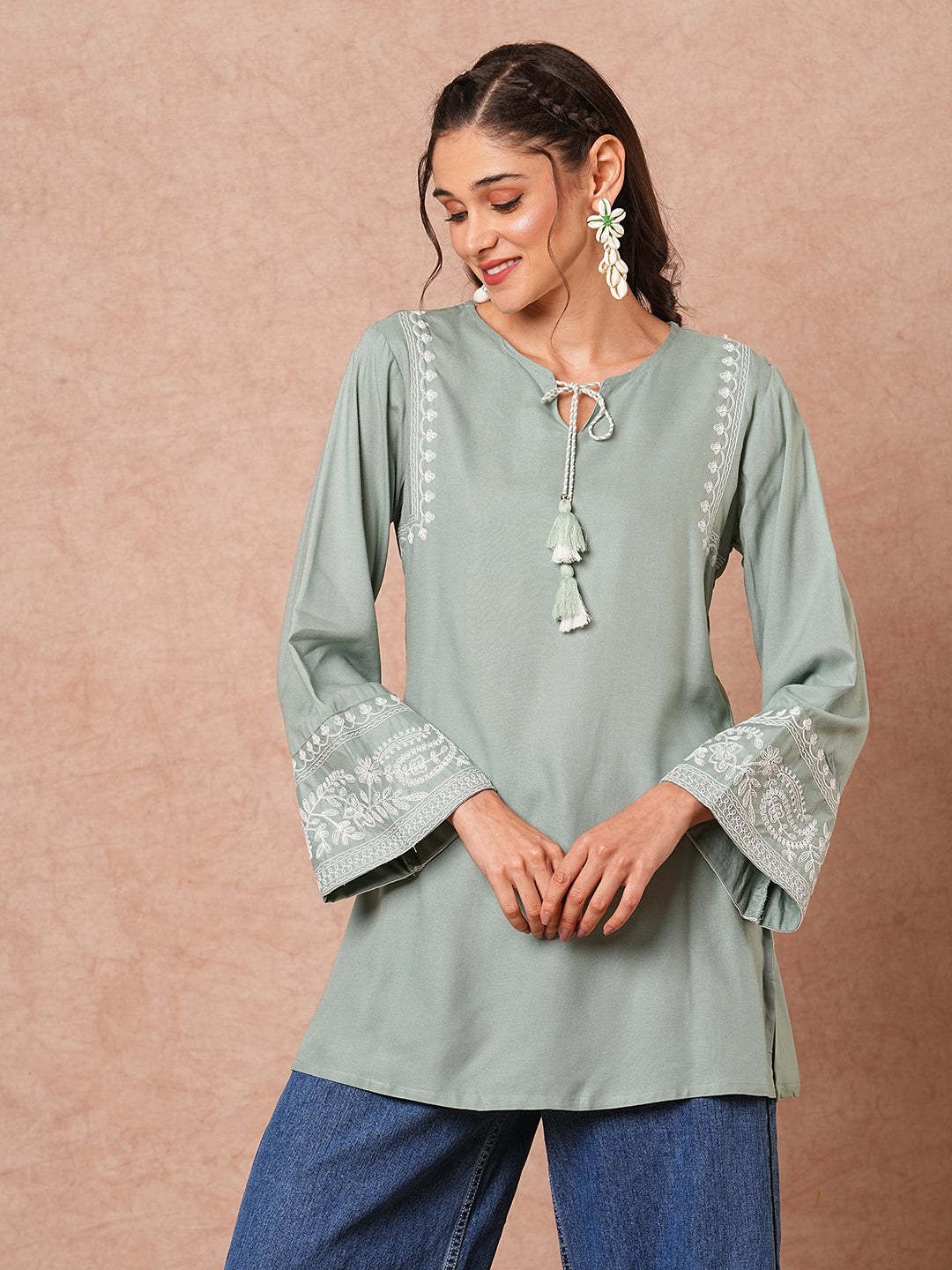 Floral Embroidered A-Line Fit Short Kurti - Mint Green