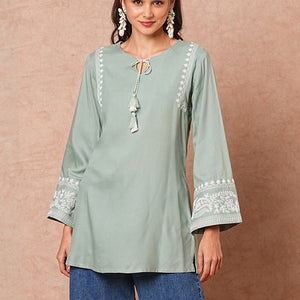 Floral Embroidered A-Line Fit Short Kurti - Mint Green