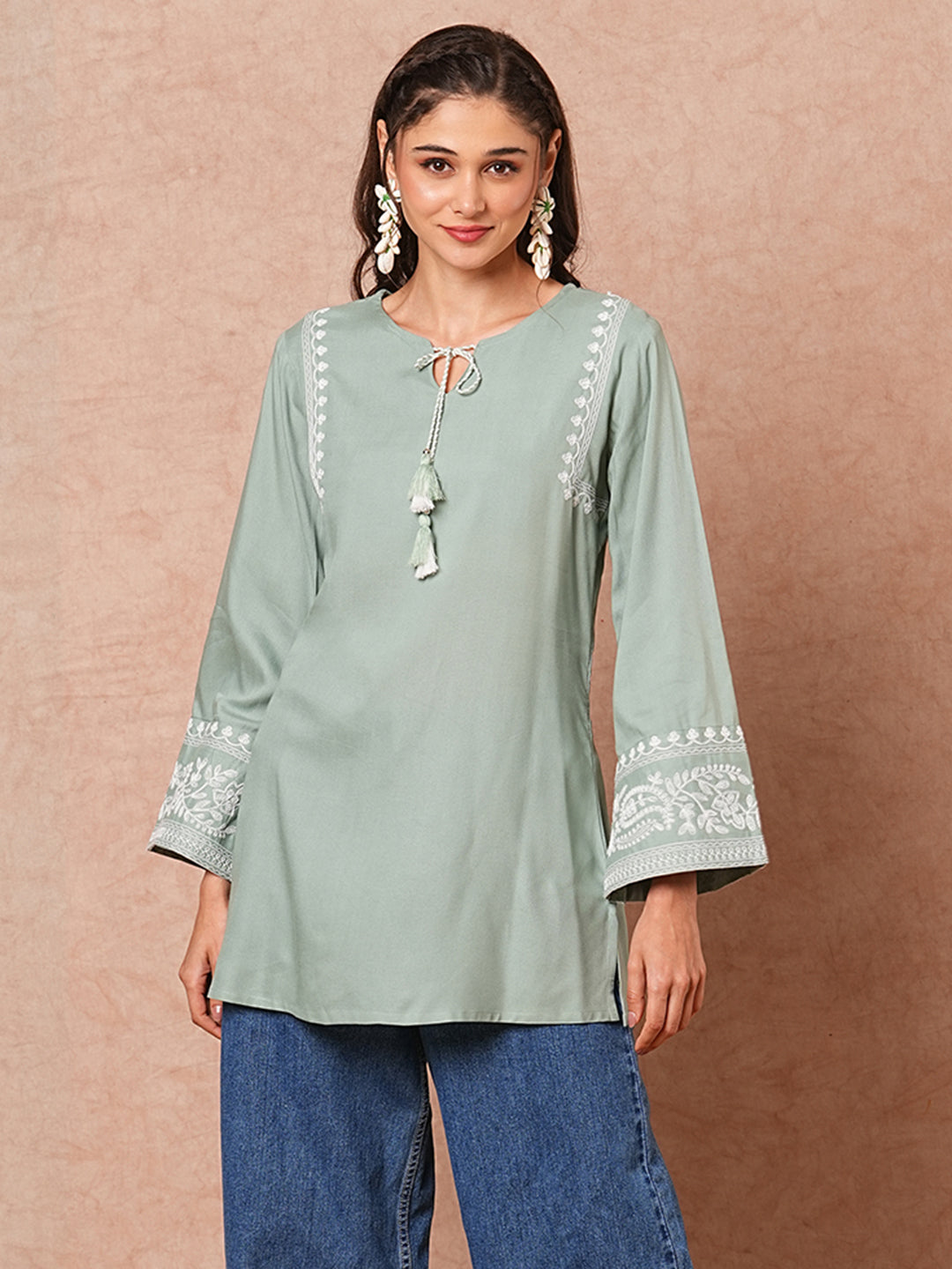 Floral Embroidered A-Line Fit Short Kurti - Mint Green