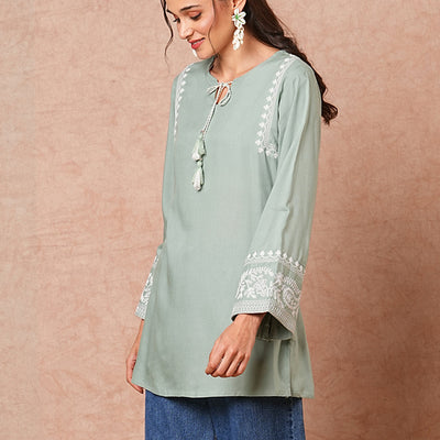 Floral Embroidered A-Line Fit Short Kurti - Mint Green