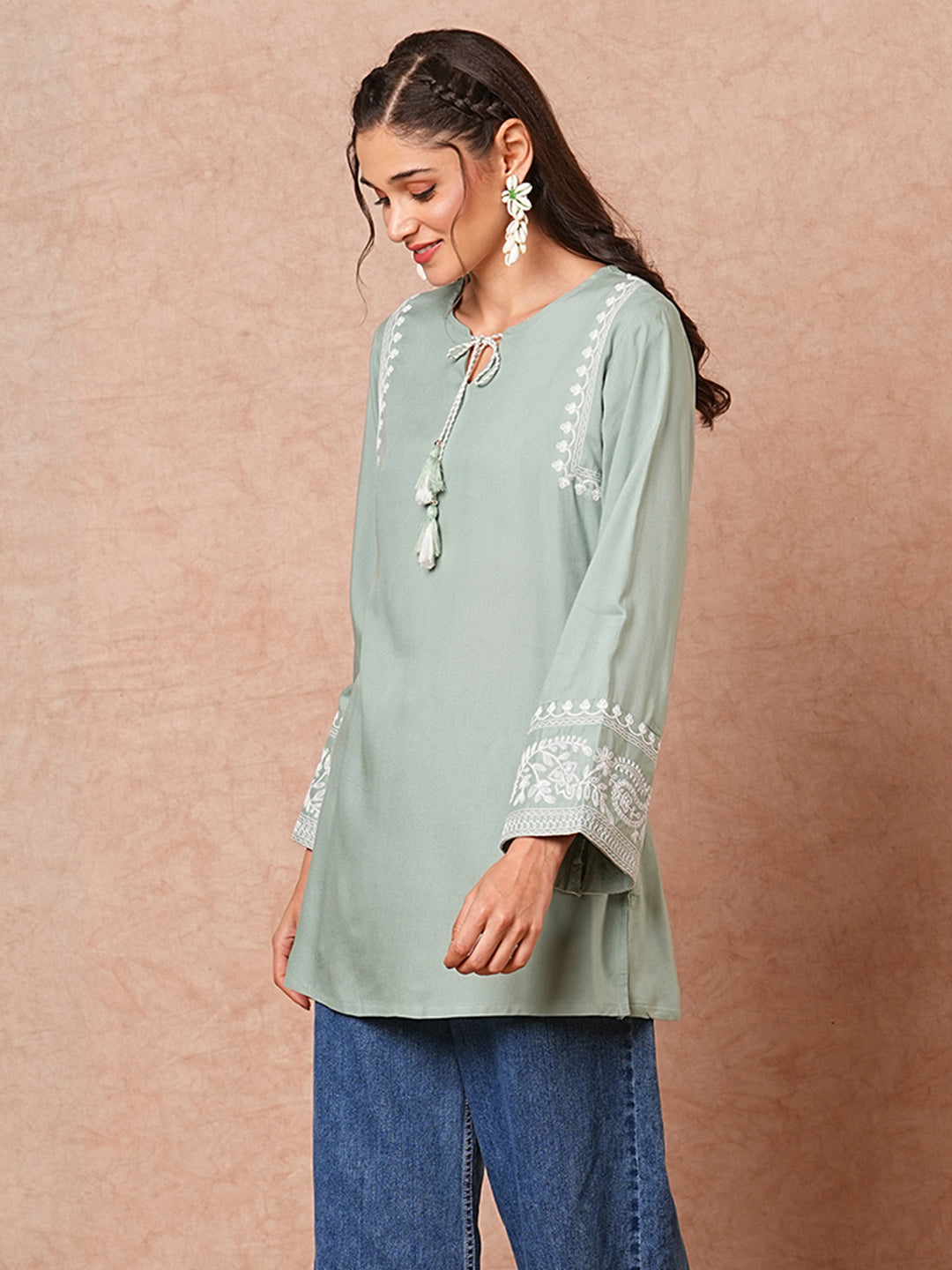 Floral Embroidered A-Line Fit Short Kurti - Mint Green