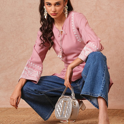 Solid Floral Embroidered A-Line Short Kurti - Peach