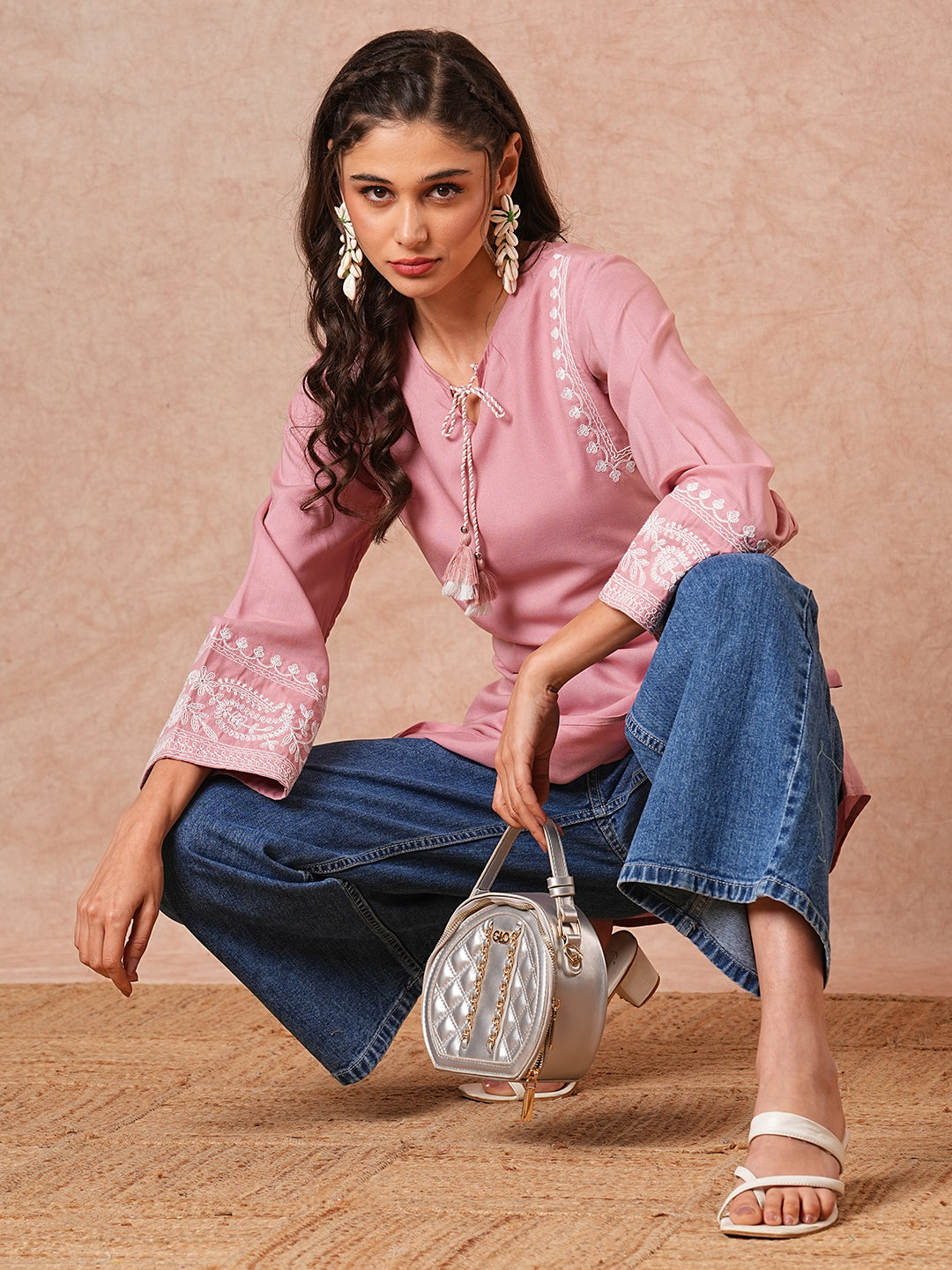 Solid Floral Embroidered A-Line Short Kurti - Peach