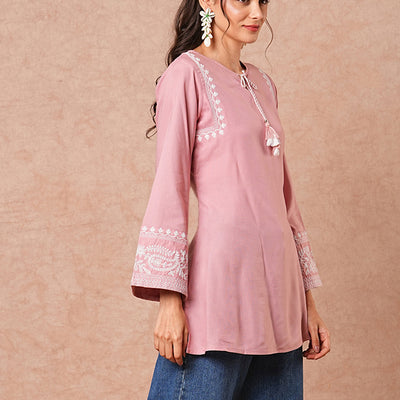 Solid Floral Embroidered A-Line Short Kurti - Peach