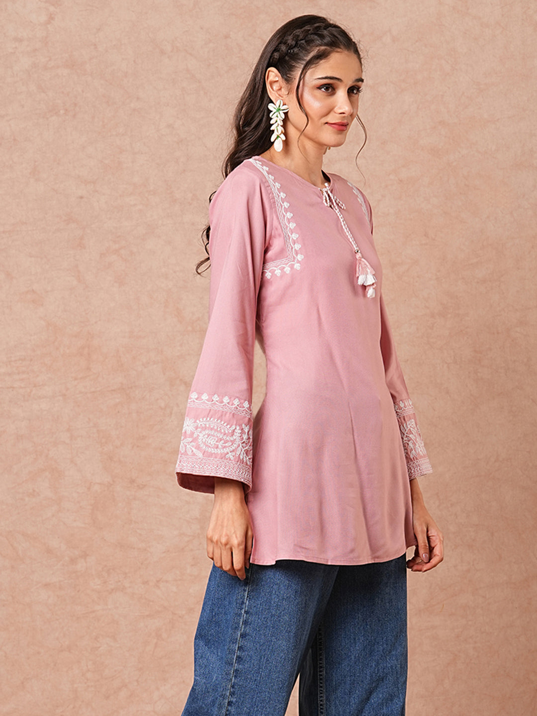Solid Floral Embroidered A-Line Short Kurti - Peach