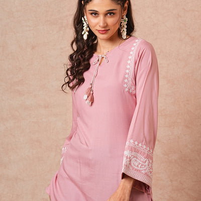 Solid Floral Embroidered A-Line Short Kurti - Peach