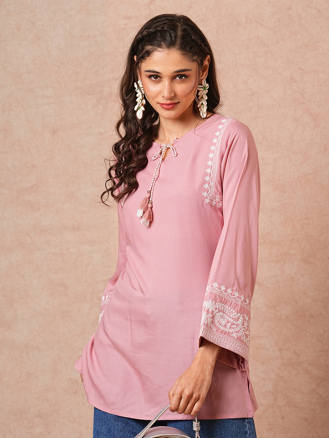 Solid Floral Embroidered A-Line Short Kurti - Peach