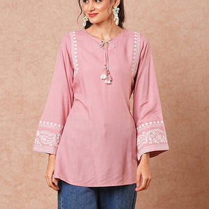 Solid Floral Embroidered A-Line Short Kurti - Peach