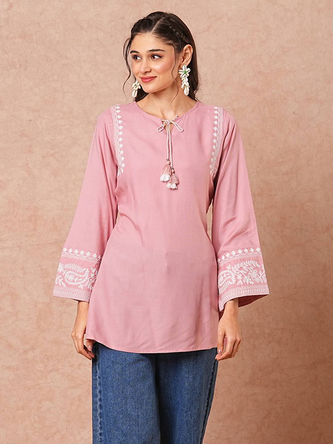 Solid Floral Embroidered A-Line Short Kurti - Peach