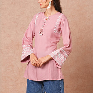 Solid Floral Embroidered A-Line Short Kurti - Peach