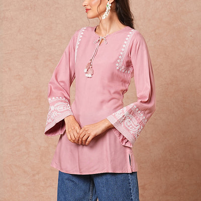 Solid Floral Embroidered A-Line Short Kurti - Peach