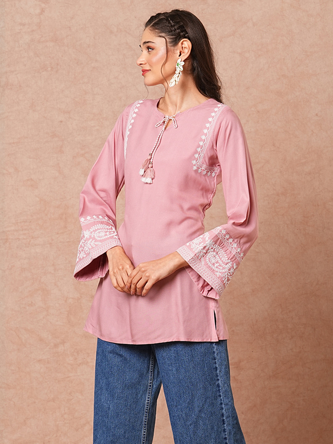 Solid Floral Embroidered A-Line Short Kurti - Peach