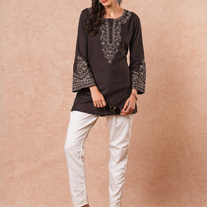 Solid Floral Sequin Embroidered A-Line Short Kurti - Black
