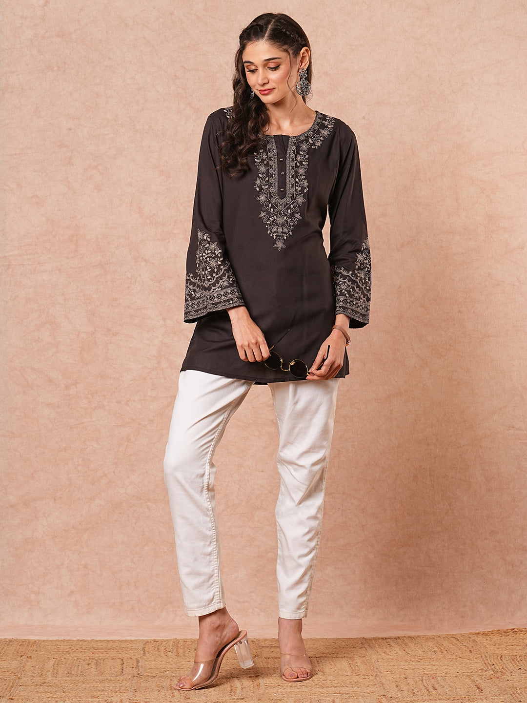 Solid Floral Sequin Embroidered A-Line Short Kurti - Black