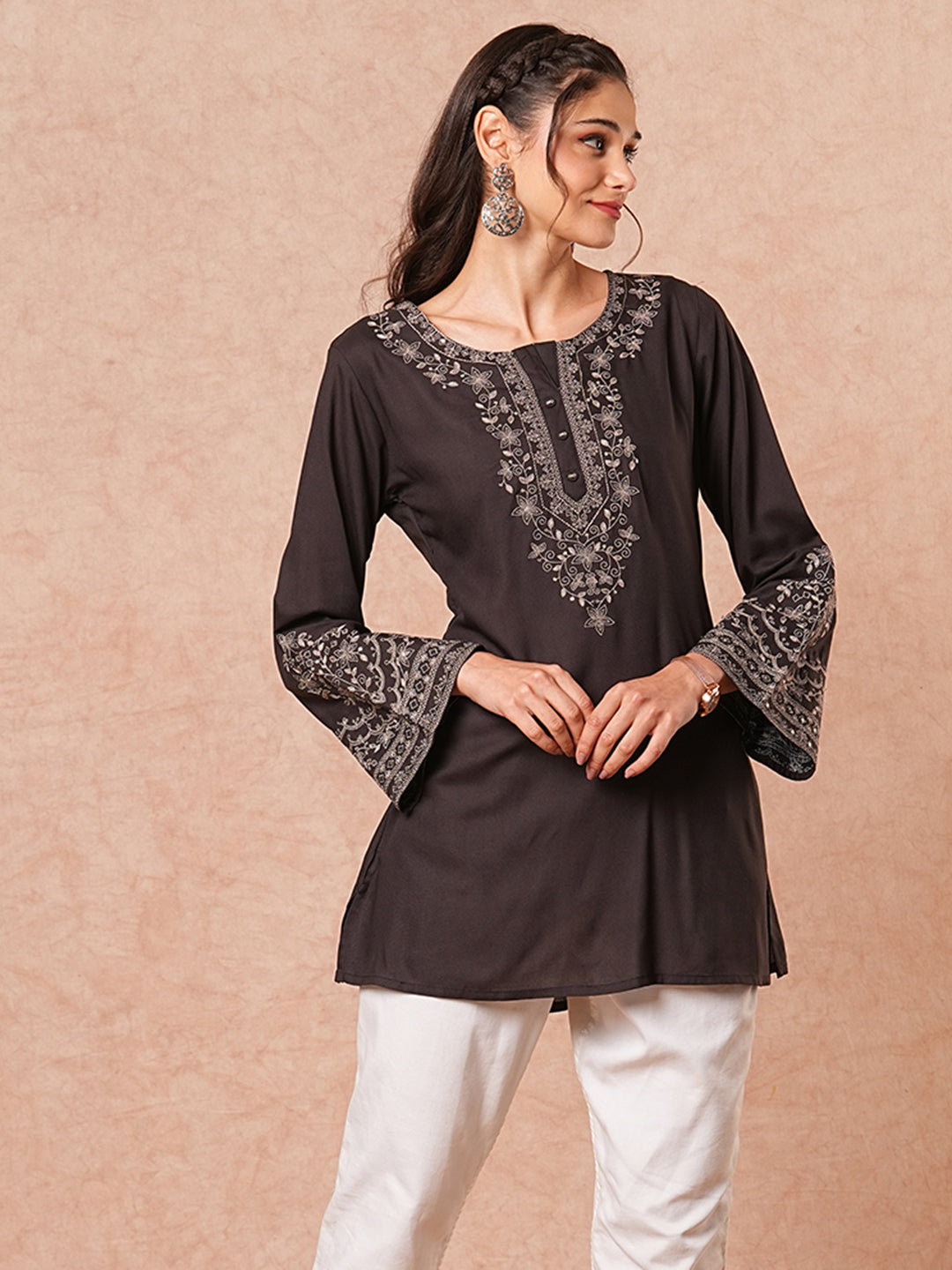 Solid Floral Sequin Embroidered A-Line Short Kurti - Black