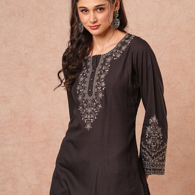 Solid Floral Sequin Embroidered A-Line Short Kurti - Black