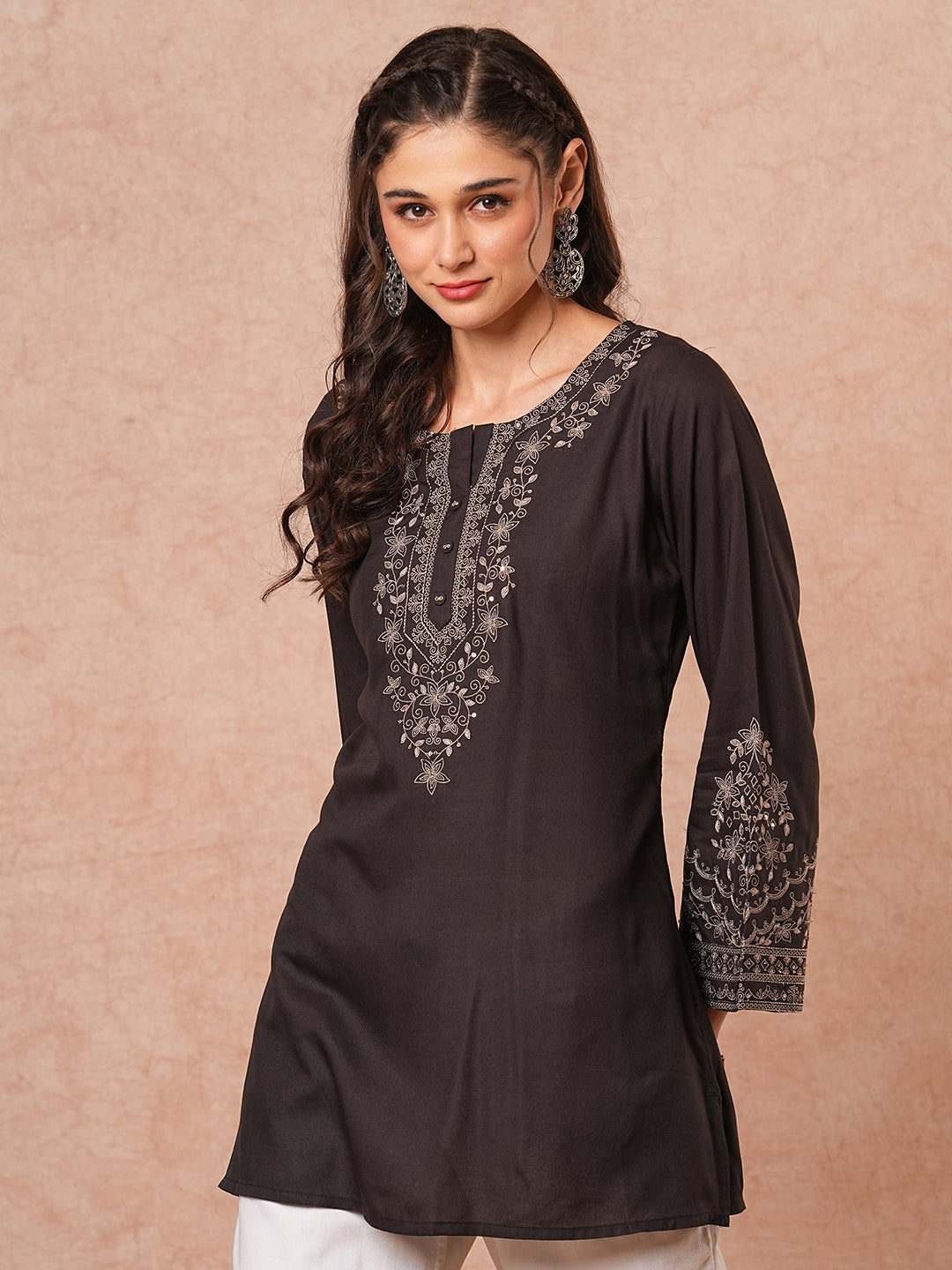 Solid Floral Sequin Embroidered A-Line Short Kurti - Black