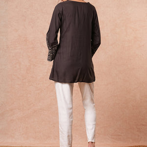 Solid Floral Sequin Embroidered A-Line Short Kurti - Black