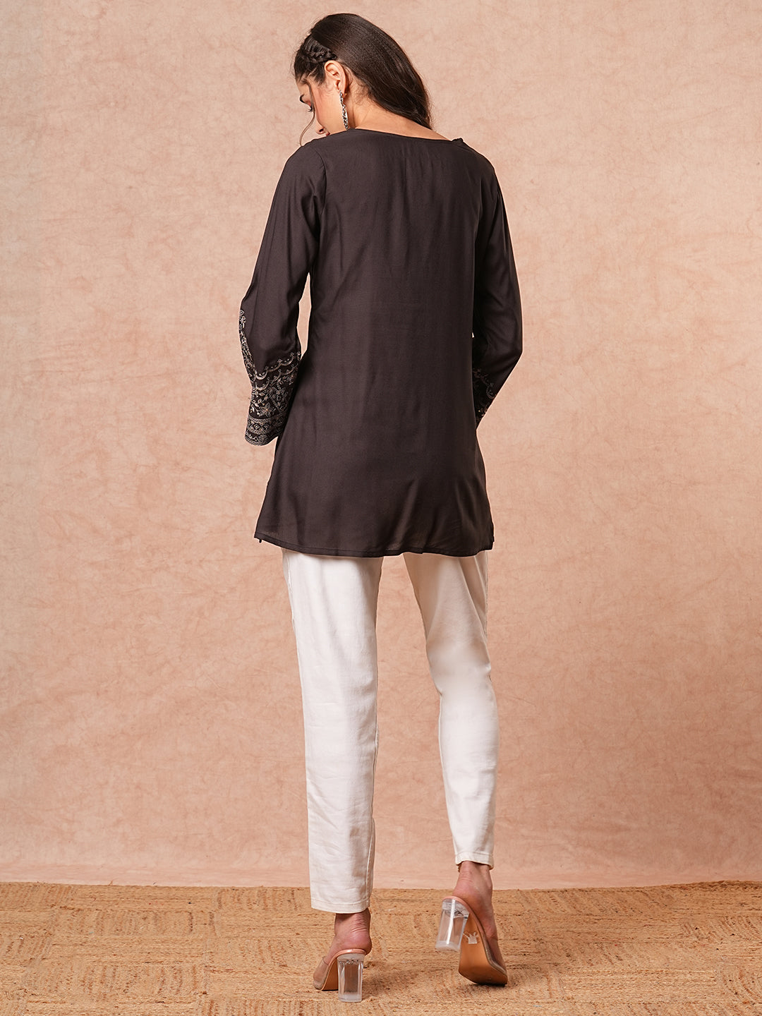 Solid Floral Sequin Embroidered A-Line Short Kurti - Black