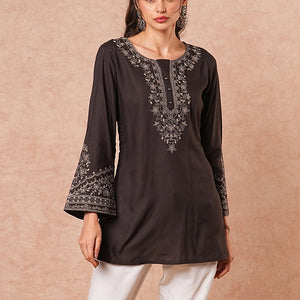 Solid Floral Sequin Embroidered A-Line Short Kurti - Black